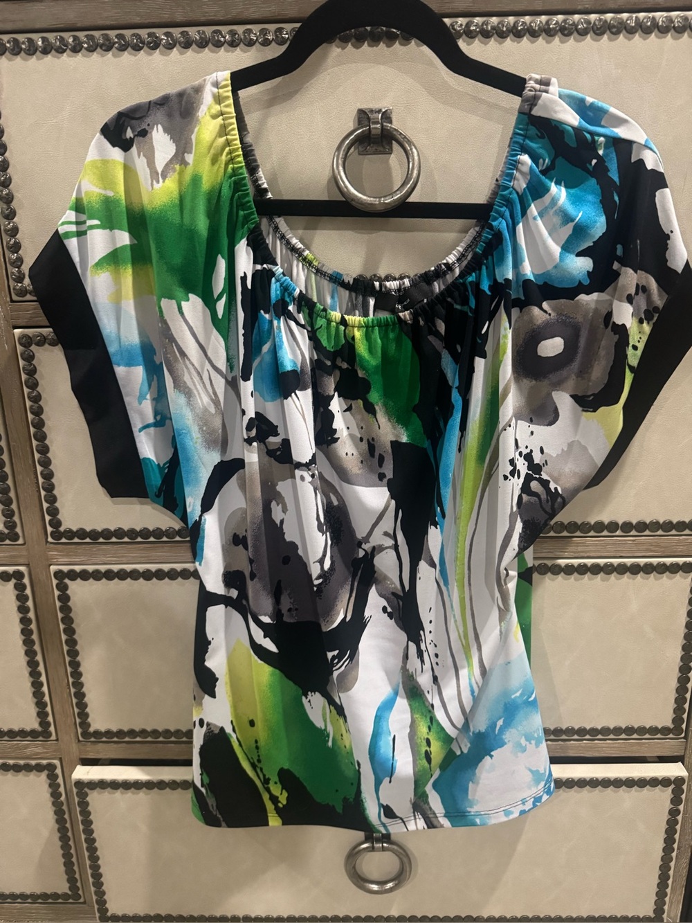 Express Abstract Floral Blouse in Green, Blue, Black